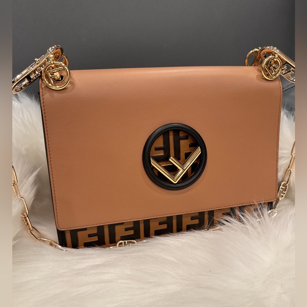 FENDI Brown Leather Kan I F Logo Shoulder Bag